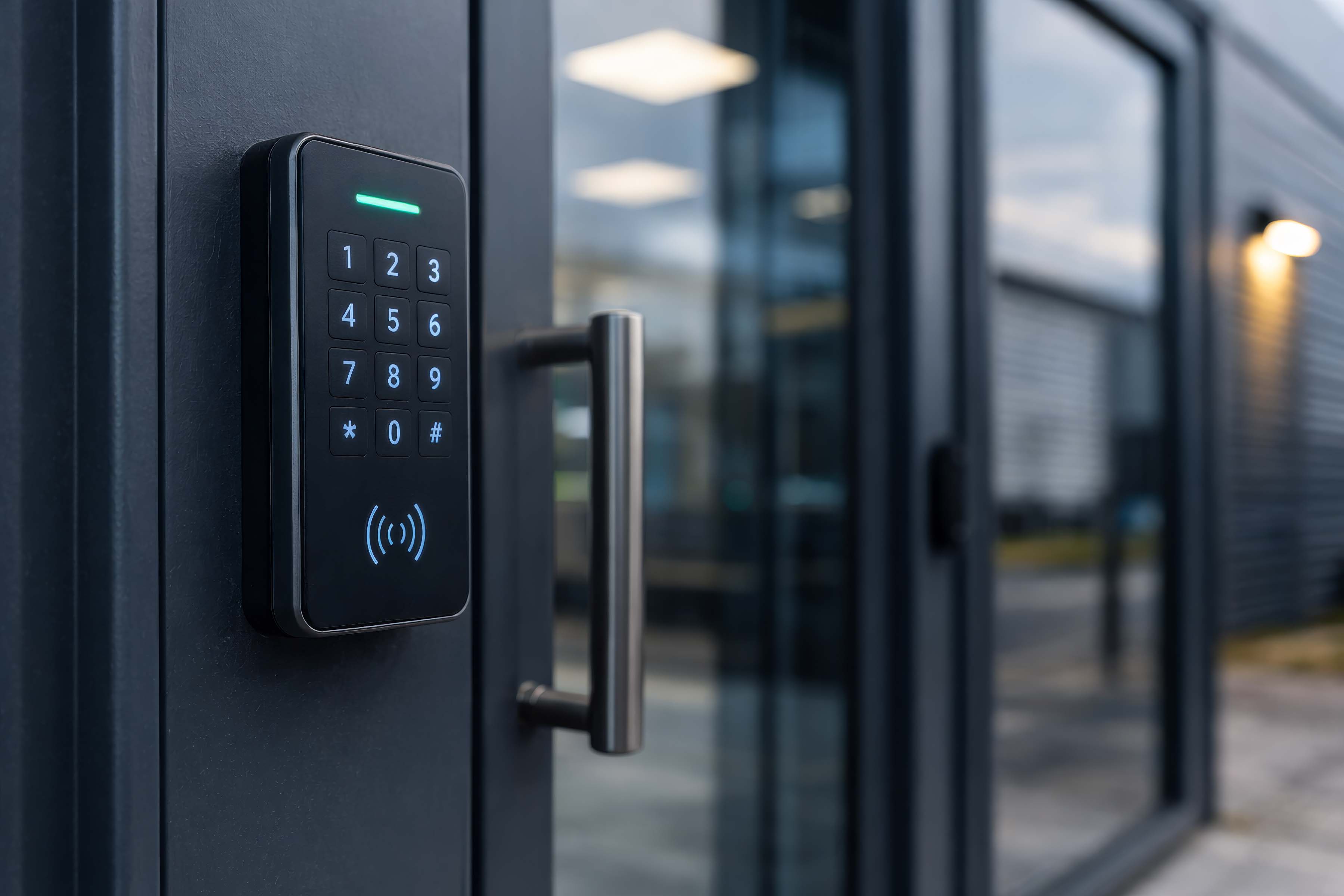 Access control keypad and RFID reader mounted beside an exterior door