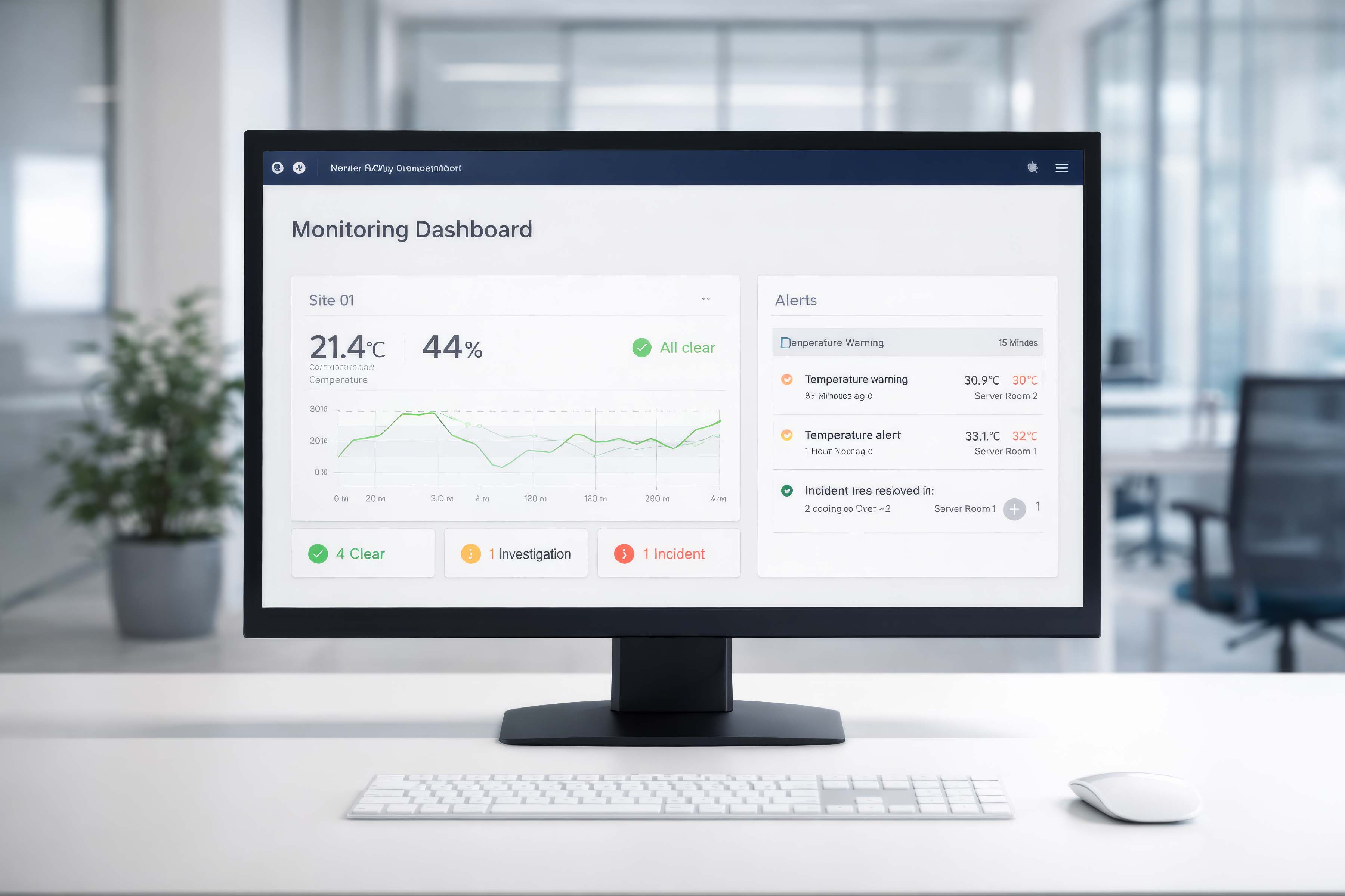 Operational monitoring dashboard showing trends, alerts and status