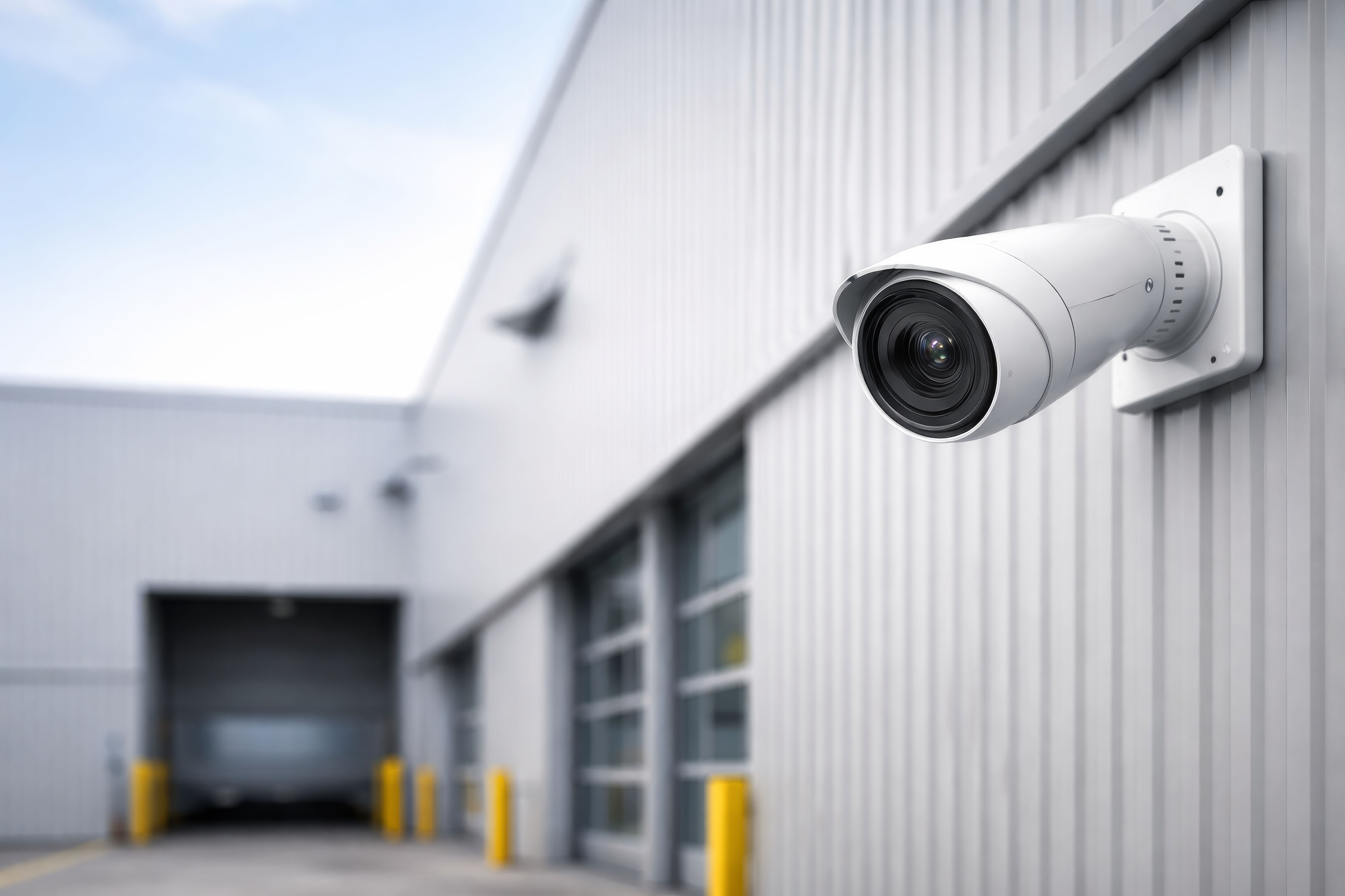 Modern surveillance camera mounted on an industrial warehouse exterior