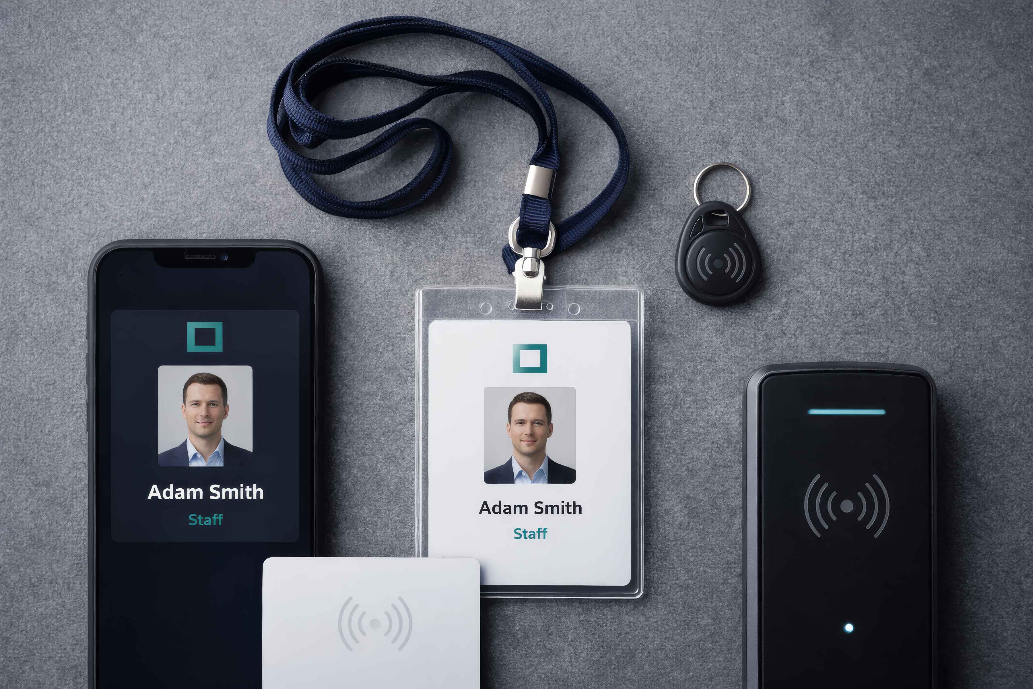 Physical and digital identity credentials, including an ID card, phone pass and access fob